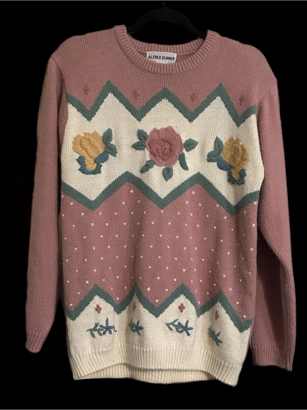 Alfred Dunner Dusty Rose Floral Chevron Crewneck Sweater